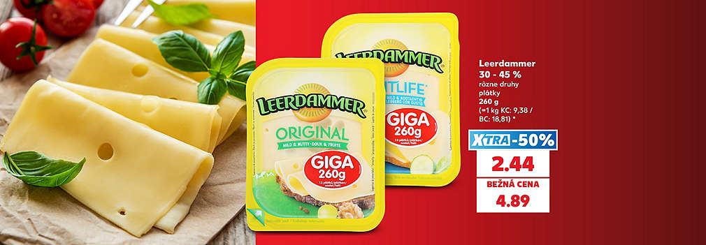 Vychutnajte si kvalitný plátkový syr na raňajky či desiatu! Obľúbený syr Leerdammer (rôzne druhy, GIGA balenie 260 g) nájdete teraz v Kauflande za polovicu. S výhodnou XTRA zľavou -50 % zaň zaplatíte len 2,44 € (bežná cena 4,89 €). Nakúpte výhodne s Kaufland Card a ušetrite!