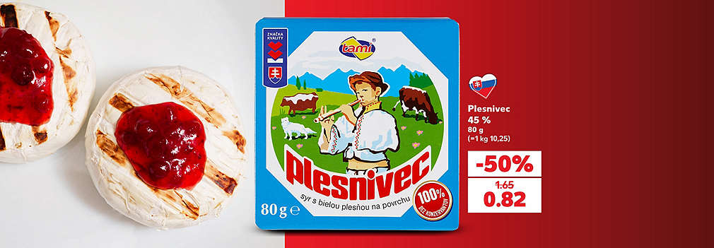 Objavte jedinečnú chuť tradičného slovenského syra! Obľúbený syr s bielou plesňou na povrchu Plesnivec (45 %, 80 g) kúpite teraz v Kauflande za polovičnú cenu. S mimoriadnou zľavou -50 % zaň zaplatíte len 0,82 € (pôvodne 1,65 €). Vychutnajte si ho grilovaný alebo studený a ušetrite pri vašom nákupe!