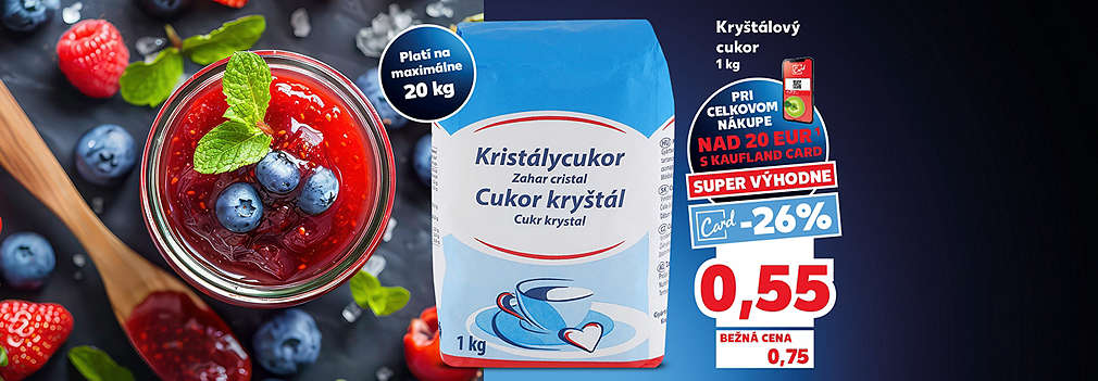 Čas na domáce džemy a zaváranie! Kryštálový cukor (1 kg) kúpite teraz v Kauflande so zľavou -26 % s Kaufland Card len za 0,55 € (pri celkovom nákupe nad 20 €). Bežná cena je 0,75 €. Ponuka je limitovaná na maximálne 20 kg na nákup. Pripravte sa na sladké leto v týždni KW25!