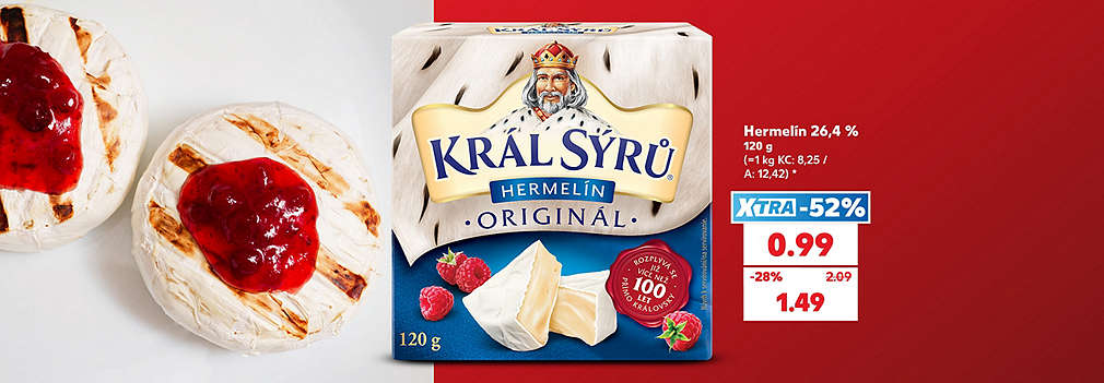 Doprajte si skutočný syrový zážitok! Obľúbený Král Sýrů Hermelín (120 g) na vás čaká v Kauflande za fantastickú cenu. S výhodnou XTRA zľavou -52 % zaň zaplatíte len 0,99 € (pôvodne 2,09 €). Akciová cena bez využitia XTRA ponuky je 1,49 €. Vychutnajte si ho na grile, vyprážaný či k dobrému vínu a ušetrite!