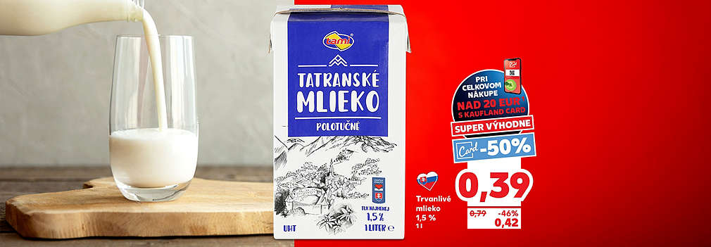 Nakupujte slovenské mlieko za polovicu! Tatranské mlieko polotučné (1,5 %, 1 l) kúpite v Kauflande so zľavou -50 % s Kaufland Card len za 0,39 € (pri nákupe nad 20 €). Akčná cena bez karty je 0,42 €.