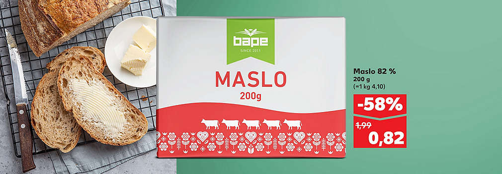 Nepremeškajte skvelú ponuku! Maslo Bape (82 % tuku, 200 g) kúpite teraz v Kauflande so zľavou -58 % len za 0,82 € (pôvodne 1,99 €). Doprajte si kvalitné maslo za bezkonkurenčnú cenu v rámci letáka pre KW19.