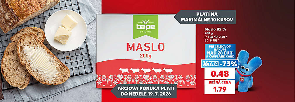 Ušetrite s Kaufland Card! Kvalitné Maslo BAPE (82 %, 200 g) kúpite teraz s neuveriteľnou XTRA zľavou -73 % len za 0,48 € (bežná cena 1,79 €). Táto špeciálna akcia platí pri celkovom nákupe nad 20 € s Kaufland Card do nedele 19. 7. 2026. Limit je maximálne 10 kusov na nákup.