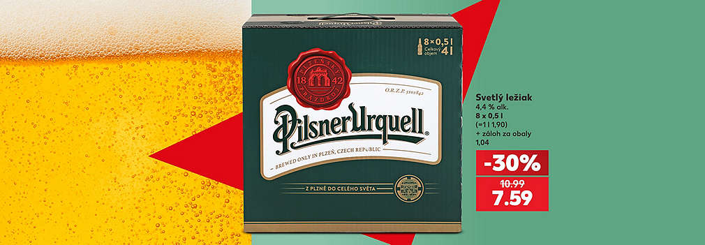 Vychutnajte si pravú chuť plzenského piva! Obľúbený Svetlý ležiak Pilsner Urquell (praktické balenie 8 x 0,5 l) na vás čaká v Kauflande za super cenu. S výhodnou zľavou -30 % zaň zaplatíte len 7,59 € (pôvodne 10,99 €). Pripravte sa na víkendové posedenie s priateľmi a ušetrite pri kúpe tohto multibalenia! K cene sa pripočítava záloha za obaly 1,04 €.
