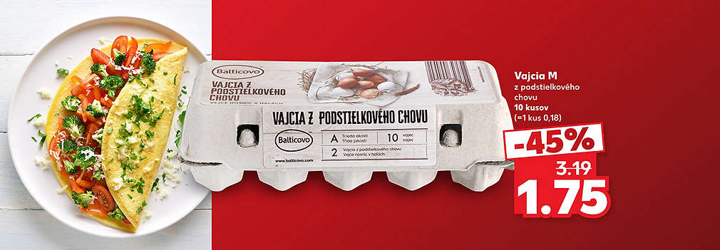 Pripravte si chutné raňajky alebo upečte obľúbený koláč! Kvalitné Vajcia M z podstielkového chovu (10 kusov) kúpite teraz v Kauflande za super cenu. S mimoriadnou zľavou -45 % za ne zaplatíte len 1,75 € (pôvodne 3,19 €). Urobte si zásoby na varenie aj pečenie a ušetrite!