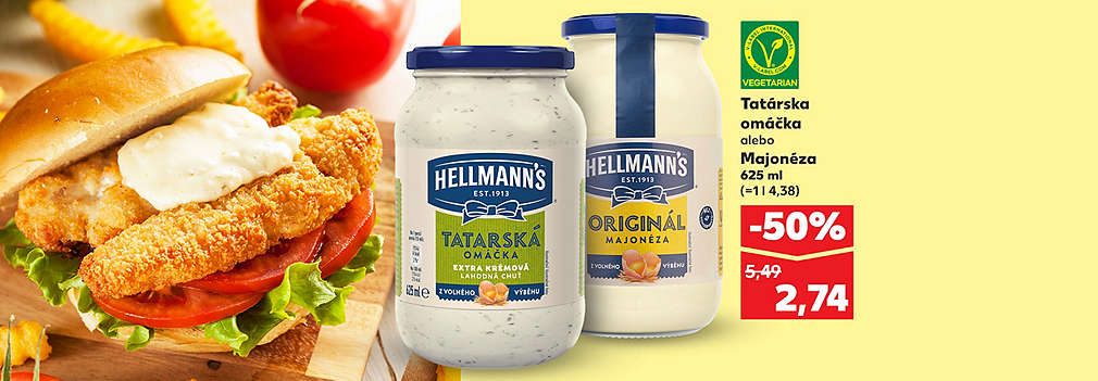Vylepšite svoje letné jedlá! Obľúbená Hellmann's Tatárska omáčka alebo Majonéza v balení 625 ml je teraz v Kauflande za polovicu. Kúpte si ju so skvelou zľavou -50 % len za 2,74 € (pôvodne 5,49 €). Vhodné pre vegetariánov. Ideálna voľba na letnú grilovačku!