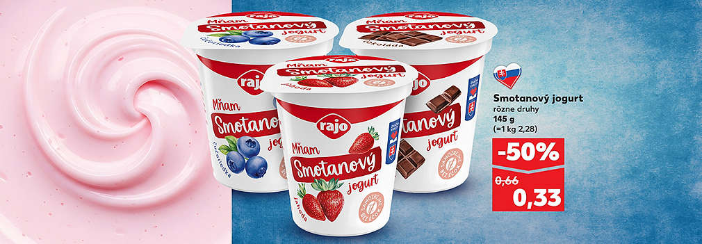 Podporte slovenské výrobky! Rajo Mňam Smotanový jogurt (145 g), rôzne obľúbené príchute ako jahoda, čučoriedka či čokoláda, kúpite teraz v Kauflande za polovicu. Len za 0,33 € (pôvodne 0,66 €) v rámci kampane „Z lásky k Slovensku“.