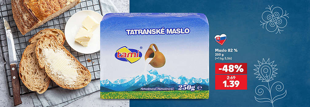Doprajte si poctivú chuť na čerstvom pečive! Kvalitné slovenské Tami Tatranské maslo 82 % (250 g) na vás čaká za super cenu. S mimoriadnou zľavou -48 % zaň zaplatíte len 1,39 € (pôvodne 2,69 €). Urobte si zásoby tohto obľúbeného tradičného produktu a ušetrite!