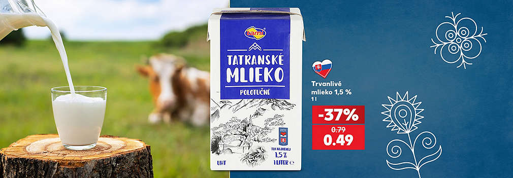 Urobte si zásoby kvalitného slovenského mlieka! Obľúbené Tami Tatranské trvanlivé mlieko (polotučné 1,5 %, 1 l) kúpite teraz v Kauflande za výbornú cenu. So skvelou zľavou -37 % zaň zaplatíte len 0,49 € (pôvodne 0,79 €). Nakúpte výhodne a ušetrite pri vašom rodinnom nákupe!