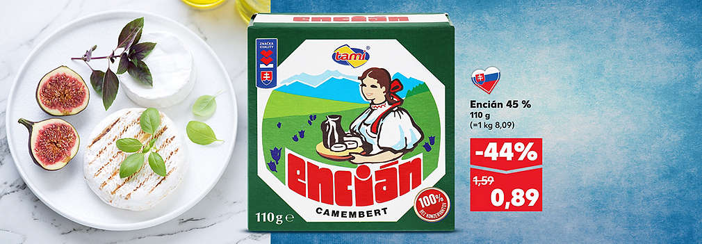 Doprajte si tradičnú chuť Slovenska! Tami Encián (45 % tuku, 110 g) kúpite teraz v Kauflande so skvelou zľavou -44 % len za 0,89 € (pôvodne 1,59 €). Kvalitný syr typu Camembert bez konzervantov, ocenený Značkou kvality SK.