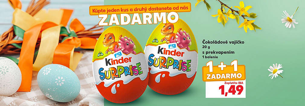Potešte deti sladkým prekvapením! Čokoládové vajíčko Kinder Surprise (20 g) teraz získate v rámci veľkonočnej ponuky v akcii 1+1 zadarmo. Za dve balenia zaplatíte len 1,49 €. Akcia platí v Kauflande do vypredania zásob.