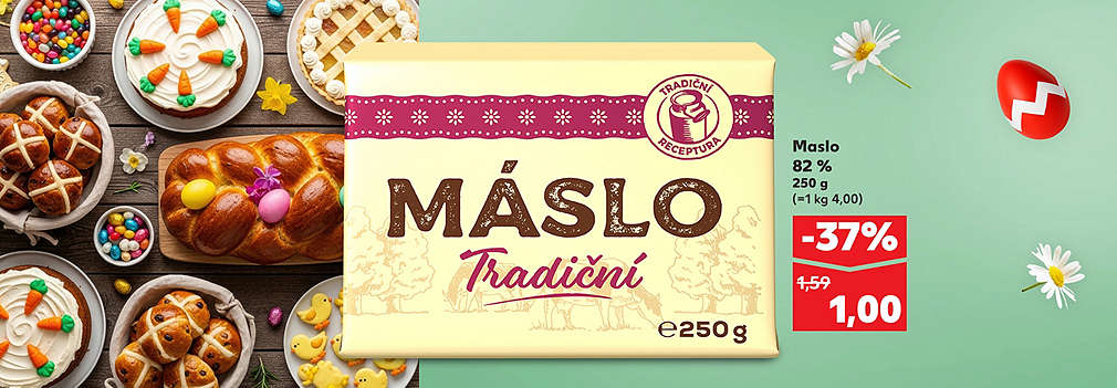 Pripravte sa na veľkonočné pečenie s Kauflandom! Tradičné maslo (82 % tuku, 250 g) teraz kúpite so skvelou zľavou -37 % za symbolické 1,00 €. Pôvodná cena 1,59 €. Ponuka platí v rámci senzačnej veľkonočnej kampane.