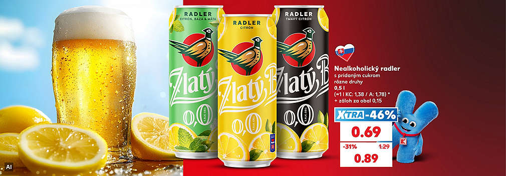 Osviežte sa počas letných dní! Obľúbený slovenský Nealkoholický radler Zlatý Bažant (rôzne druhy, 0,5 l) kúpite teraz v Kauflande za super cenu. S výhodnou XTRA zľavou -46 % zaň zaplatíte len 0,69 € (pôvodne 1,29 €). Akciová cena bez využitia XTRA zľavy je 0,89 €. (Cena nezahŕňa záloh za obal 0,15 €). Na zdravie!