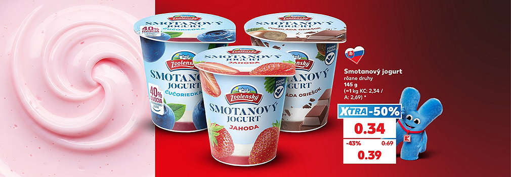 Doprajte si lahodné krémové potešenie! Obľúbený slovenský Zvolenský Smotanový jogurt (rôzne druhy, 145 g) kúpite teraz v Kauflande za super cenu. S výhodnou XTRA zľavou -50 % zaň zaplatíte len 0,34 € (pôvodne 0,69 €). Akciová cena bez XTRA zľavy je 0,39 €. Vychutnajte si poctivú domácu kvalitu!