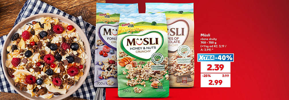 Začnite svoj deň plní energie! Chrumkavé Bona Vita Müsli (rôzne druhy, 700 - 750 g) kúpite teraz v Kauflande za super cenu. S výhodnou XTRA zľavou -40 % za ne zaplatíte len 2,39 € (pôvodne 3,99 €). Akciová cena bez využitia XTRA zľavy je 2,99 €. Ideálne raňajky na skvelý štart do nového dňa!