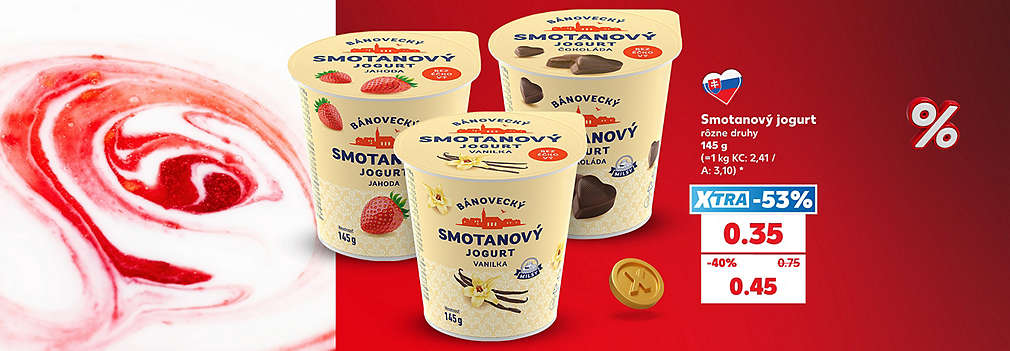 Vychutnajte si lahodnú krémovú chuť! Tradičný slovenský Bánovecký Smotanový jogurt (rôzne druhy, 145 g) nájdete teraz v Kauflande za super cenu. S výhodnou XTRA zľavou -53 % zaň zaplatíte len 0,35 € (pôvodne 0,75 €). Akciová cena bez využitia XTRA ponuky je 0,45 €. Oslaďte si deň obľúbenými príchuťami a ušetrite!   