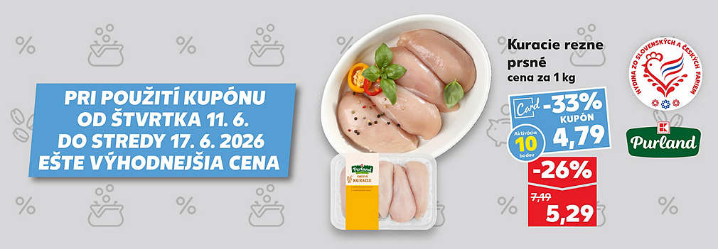 Pripravte si chutný obed s kvalitnou hydinou zo slovenských a českých fariem! Chladené Kuracie rezne prsné Purland (cena za 1 kg) kúpite v Kauflande so špeciálnym kupónom Kaufland Card za skvelých 4,79 € (zľava -33 % z pôvodnej ceny 7,19 €). Akciová cena bez kupónu je 5,25 €. Ponuka platí od štvrtka 11. 6. do stredy 17. 6. 2026.