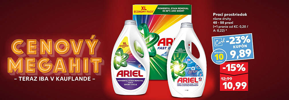 Udržujte svoju bielizeň dokonale čistú! Ariel XL Pack (40 – 50 praní), prášok alebo gél, kúpite teraz v Kauflande so špeciálnym kupónom Kaufland Card len za 9,89 € (zľava -23 %). Jedno pranie už od 0,20 €. Ponuka platí v rámci kampane Cenový MEGAHIT pre KW20.