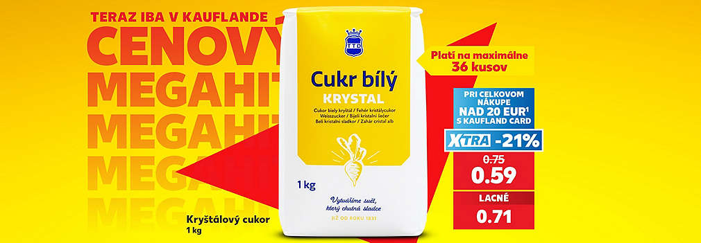 Doplňte si zásoby na pečenie a zaváranie! Tradičný Kryštálový cukor (1 kg) na vás čaká v Kauflande ako Cenový MEGAHIT. Pri celkovom nákupe nad 20 € s Kaufland Card získate výhodnú XTRA zľavu -21 % a zaplatíte len 0,59 € (pôvodne 0,75 €). Akciová cena bez využitia XTRA ponuky je 0,71 €. Akcia platí na maximálne 36 kusov.