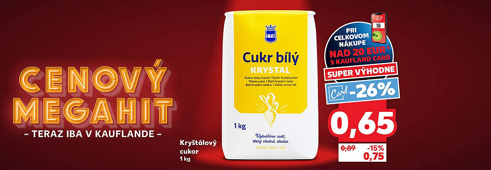Nakúpte zásoby na pečenie a zaváranie výhodne! Kryštálový cukor (1 kg) kúpite teraz v Kauflande so zľavou -26 % s Kaufland Card len za 0,65 € (pri celkovom nákupe nad 20 €). Akčná cena bez karty je 0,75 €. Skvelý Cenový MEGAHIT pre týždeň KW21.