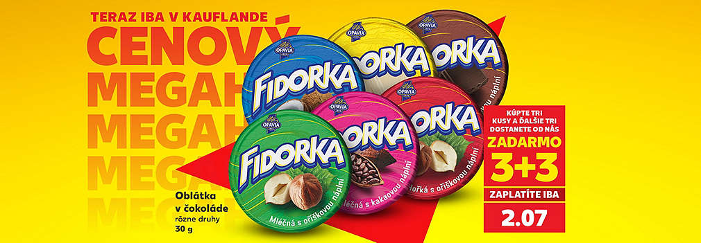 Máte chuť na niečo sladké? Obľúbená oblátka v čokoláde Fidorka (rôzne druhy, 30 g) na vás čaká v Kauflande ako Cenový MEGAHIT. Využite fantastickú akciu 3+3 ZADARMO! Kúpte tri kusy, ďalšie tri dostanete od nás zadarmo a za 6 kusov tak zaplatíte iba 2,07 €. Nakombinujte si svoje obľúbené príchute a oslaďte si deň mimoriadne výhodne!