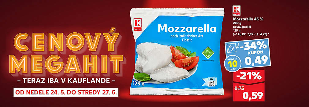 Pripravte si čerstvý šalát Caprese! K-Classic Mozzarella (125 g) je teraz v Kauflande dostupná so špeciálnym kupónom Kaufland Card len za 0,49 € (zľava -34 %). Akcia platí v rámci ponuky Cenový MEGAHIT od nedele 24. 5. do stredy 27. 5. 2026.