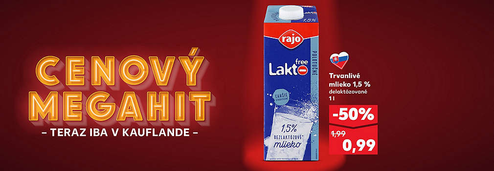 Nakupujte bezlaktózové mlieko za polovicu! Trvanlivé mlieko Rajo Lakto Free (1,5 % tuku, 1 l) teraz získate v Kauflande so zľavou -50 % len za 0,99 €. Pôvodná cena 1,99 €. Skvelá voľba pre ľahšie trávenie za bezkonkurenčnú cenu.