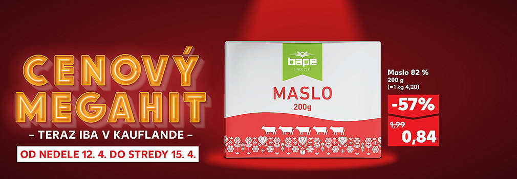 Nakúpte výhodne v Kauflande! Maslo 82 % (200 g) značky Bape teraz získate za skvelú cenu 0,84 €. Pôvodná cena 1,99 €, zľava až -57 %. Akcia platí v rámci ponuky Cenový MEGAHIT od nedele 12. 4. do stredy 15. 4. 2026.