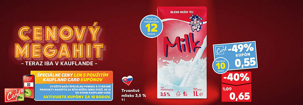 Nakupujte slovenské mlieko za bezkonkurenčnú cenu! Trvanlivé mlieko (3,5 % tuku, 1 l) teraz získate so zľavou -49 % s kupónom Kaufland Card len za 0,55 €. Bežná akciová cena bez kupónu je 0,65 € (zľava -40 %). Pôvodná cena 1,09 €.
