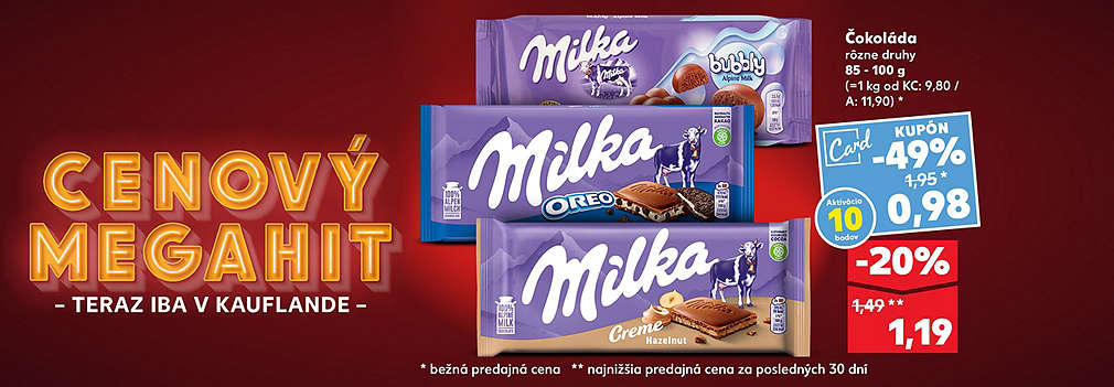 Oslaďte si deň výhodne! Čokoláda Milka (rôzne druhy, 85 – 100 g) je teraz v Kauflande dostupná so špeciálnym kupónom Kaufland Card len za 0,98 € (zľava -49 %). Akčná cena bez kupónu je 1,19 €. Cenový MEGAHIT, ktorý si nenechajte ujsť!