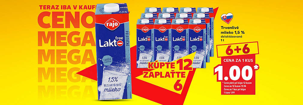 Urobte si zásoby! Slovenské Trvanlivé mlieko Rajo Lakto free (1,5 %, 1 l) na vás čaká v Kauflande ako Cenový MEGAHIT v skvelej akcii 6+6. Kúpte 12 kusov, zaplaťte len za polovicu a cena za 1 kus vás vyjde len na 1,00 € (celková cena za 12 kusov je 11,94 €). Cena pri kúpe 1 kusa bez využitia akcie je 1,99 €. Nakupujte šikovne a ušetrite!