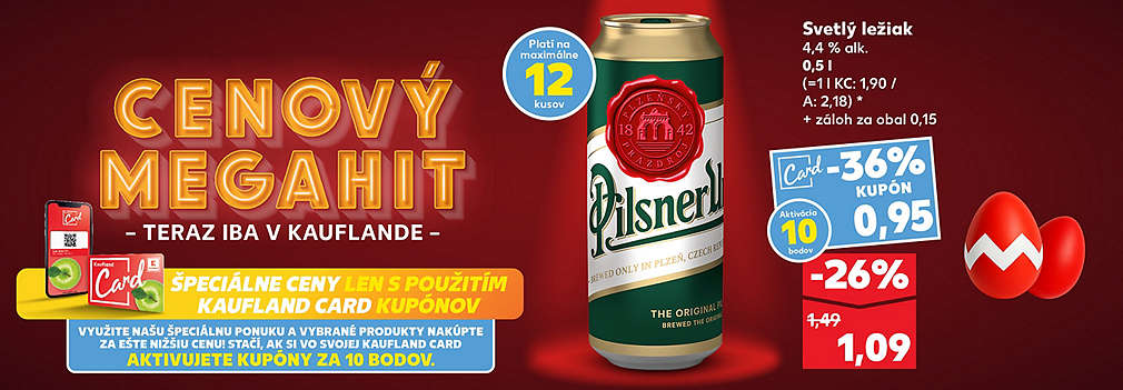 Vychutnajte si prémiový ležiak! Pilsner Urquell (0,5 l plechovka) kúpite v Kauflande so špeciálnym kupónom Kaufland Card len za 0,95 € (zľava -36 %). Akčná cena bez kupónu je 1,09 € (zľava -26 %). Ponuka platí do vypredania zásob, max. 12 kusov na osobu.