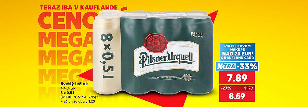Vychutnajte si pravý český ležiak! Obľúbené pivo Pilsner Urquell (výhodné balenie 8 x 0,5 l) na vás čaká v Kauflande ako Cenový MEGAHIT. Pri celkovom nákupe nad 20 € s Kaufland Card získate XTRA zľavu -33 % a zaplatíte len 7,89 € (pôvodne 11,79 €). Akciová cena bez využitia XTRA ponuky je 8,59 €. (Cena nezahŕňa záloh za obaly 1,20 €). Na zdravie!