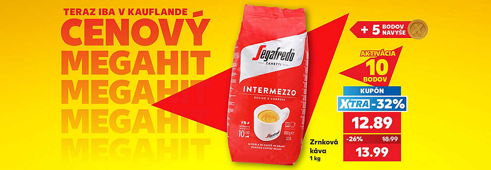 Vychutnajte si pravú taliansku kávu! Kvalitná Zrnková káva Segafredo Intermezzo (1 kg) na vás čaká v Kauflande ako Cenový MEGAHIT. Aktivujte si za 10 bodov výhodný XTRA kupón -32 % a zaplatíte len 12,89 € (pôvodne 18,99 €). Akciová cena bez využitia kupónu je 13,99 €. Navyše k nákupu získate +5 vernostných bodov navyše!