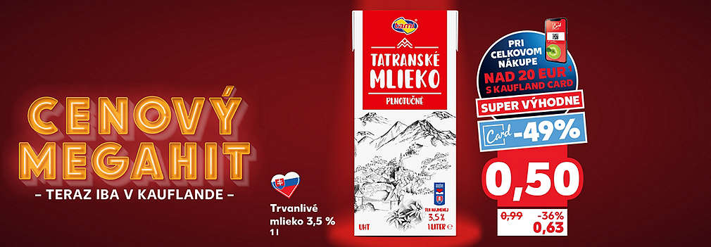Doplňte domáce zásoby slovenskou kvalitou! Plnotučné trvanlivé Tatranské mlieko TAMI (1 l, 3,5 %) kúpite v Kauflande ako Cenový MEGAHIT len za 0,50 € s Kaufland Card (zľava -49 % z pôvodných 0,99 €) pri celkovom nákupe nad 20 EUR. Cena bez karty je 0,63 €.