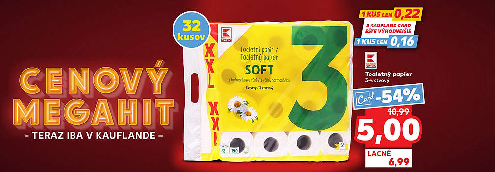Obrovské balenie do zásoby za bezkonkurenčnú cenu! K-Classic 3-vrstvový toaletný papier (XXL balenie, 32 kusov) s vôňou harmančeka kúpite v Kauflande so zľavou -54 % s Kaufland Card len za 5,00 € (pôvodne 10,99 €). 1 kus vás tak vyjde na neuveriteľných 0,16 €. Ponuka platí pre týždeň KW23.