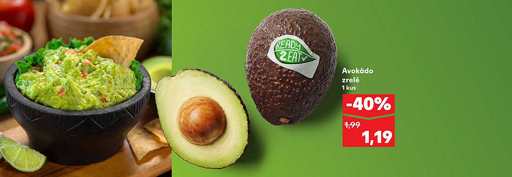 Pripravte si čerstvé guacamole! Avokádo zrelé (1 kus) v kvalite „Ready 2 Eat“ kúpite teraz v Kauflande so skvelou zľavou -40 %. Pôvodná cena 1,99 €, teraz v rámci aktuálnej ponuky len za 1,19 €.