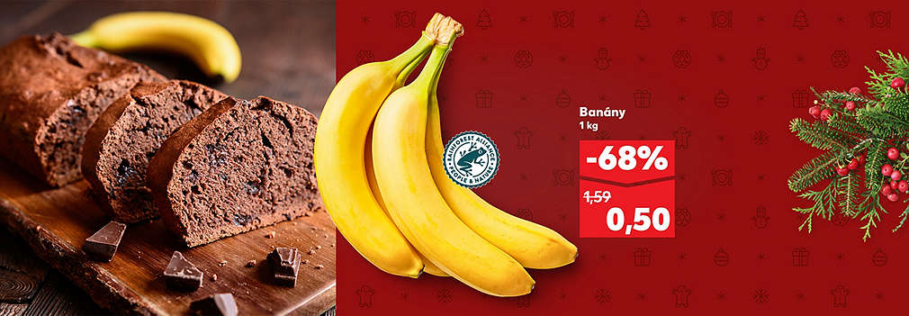 Využite neuveriteľnú vianočnú ponuku na banány (1 kg, Rainforest Alliance)! Pôvodná cena 1,59 €, teraz v Kauflande len za 0,50 €. Ušetrite až -68 % a pripravte si napríklad chutný banánový chlebík.