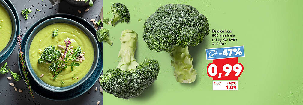 Nakupujte zdravo a výhodne! Brokolica (500 g balenie) je v Kauflande dostupná so zľavou -47 % s Kaufland Card za skvelú cenu 0,99 €. Bežná akciová cena bez karty je 1,09 € (zľava -42 %). Pôvodná cena bola 1,89 €.