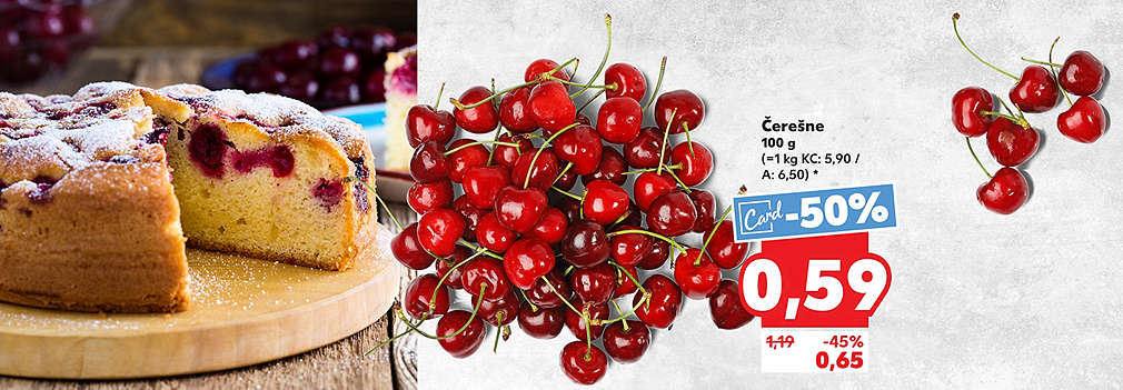 Oslaďte si začiatok leta skvelou ponukou! Čerstvé čerešne (vážené, 100 g) kúpite teraz v Kauflande so zľavou -50 % s Kaufland Card len za 0,59 € (cena za 1 kg vychádza na 5,90 €). Bežná akciová cena bez karty je 0,65 €. Ideálna voľba do domácej bublaniny v rámci týždňa KW23.