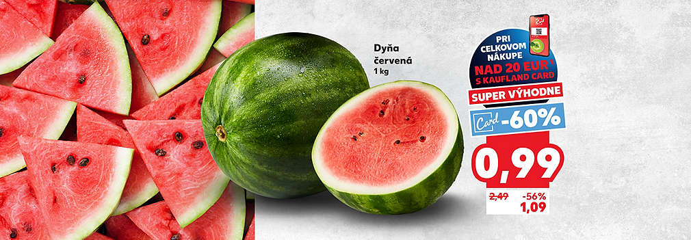 Doprajte si letné osvieženie! Dyňa červená (1 kg) je teraz v Kauflande dostupná so zľavou -60 % s Kaufland Card len za 0,99 € (pri celkovom nákupe nad 20 €). Bežná akciová cena bez karty je 1,09 €. Šťavnatá chuť za skvelú cenu v KW21!