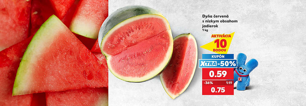 Dokonalé letné osvieženie! Sladká Dyňa červená s nízkym obsahom jadierok (1 kg) na vás čaká v Kauflande. Aktivujte si za 10 bodov XTRA kupón -50 % a zaplaťte len 0,59 € (pôvodne 1,19 €). Akciová cena bez využitia kupónu je výhodných 0,75 €.