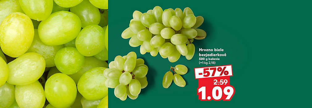 Doprajte si zdravú a sladkú maškrtu! Čerstvé Hrozno biele bezjadierkové (500 g balenie) kúpite teraz v Kauflande za super cenu. S mimoriadnou zľavou -57 % zaň zaplatíte len 1,09 € (pôvodne 2,59 €). Vychutnajte si skvelú chuť ovocia bez zrniečok a ušetrite viac ako polovicu!