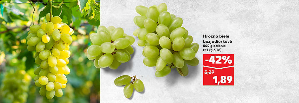 Osviežte sa sladkým ovocím bez jadierok! Hrozno biele bezjadierkové (500 g balenie) kúpite teraz v Kauflande so zľavou -42 %. Pôvodná cena 3,29 €, teraz v rámci aktuálnej ponuky len za 1,89 €.