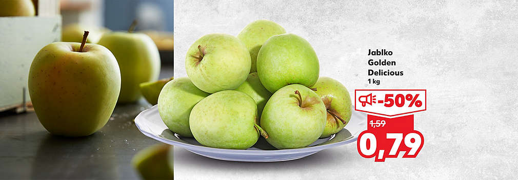 Doprajte si šťavnatú klasiku! Jablko Golden Delicious (1 kg) kúpite teraz v Kauflande za polovicu. Využite skvelú zľavu -50 % a nakúpte len za 0,79 € (pôvodne 1,59 €). Ideálna voľba pre zdravú desiatu alebo pečenie.