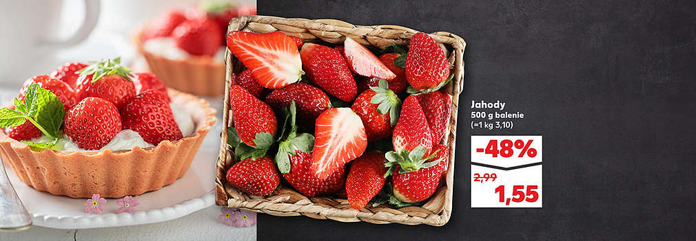 Vychutnajte si sladkú chuť jari! Čerstvé jahody (500 g balenie) kúpite teraz v Kauflande so skvelou zľavou -48 % len za 1,55 € (pôvodne 2,99 €). Akcia platí v rámci aktuálnej ponuky „Tento týždeň nakupujete len za polovicu“.