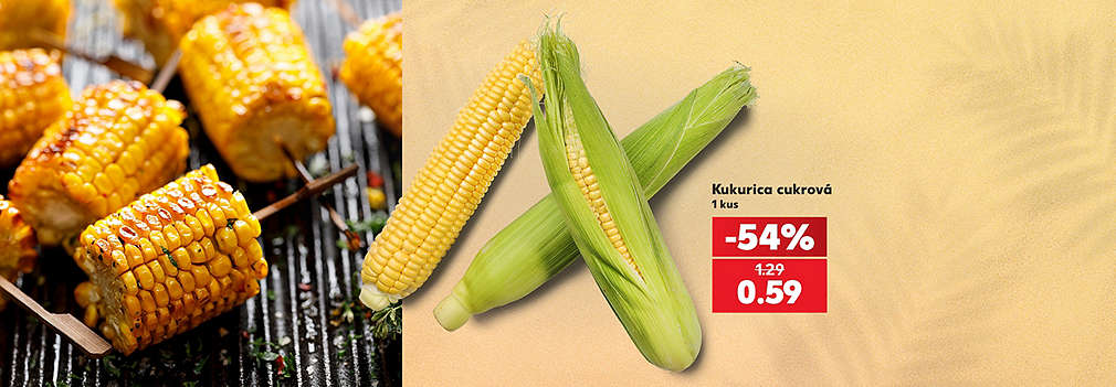 Pripravte si dokonalú letnú grilovačku! Čerstvá Kukurica cukrová (1 kus) je teraz v Kauflande dostupná so skvelou zľavou -54 % len za 0,59 € (pôvodne 1,29 €). Chrumkavá a sladká pochúťka ideálna na rošt.