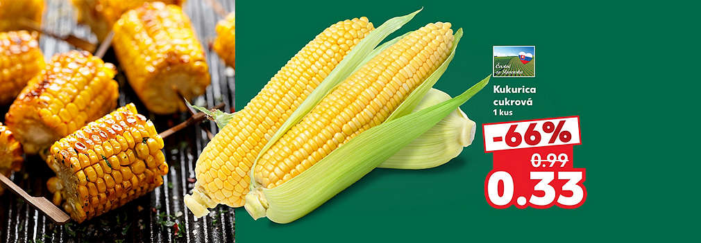 Pripravte si skvelú pochúťku na gril či na varenie! Čerstvá slovenská Kukurica cukrová (1 kus) na vás čaká v Kauflande za super cenu. S mimoriadnou zľavou -66 % za ňu zaplatíte len 0,33 € (pôvodne 0,99 €). Vychutnajte si sladkú chuť leta a ušetrite!