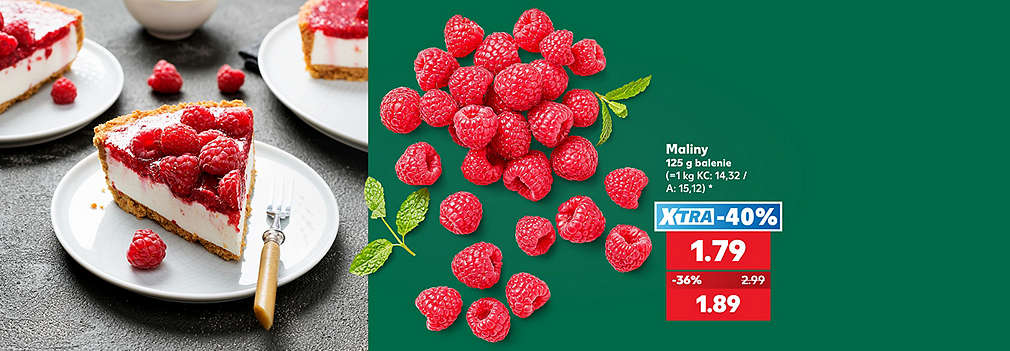 Pripravte si lahodný dezert plný ovocia! Čerstvé Maliny (125 g balenie) nájdete teraz v Kauflande za super cenu. S výhodnou XTRA zľavou -40 % za ne zaplatíte len 1,79 € (pôvodne 2,99 €). Akciová cena bez využitia XTRA ponuky je 1,89 €. Vychutnajte si sladké pokušenie a ušetrite pri nákupe!