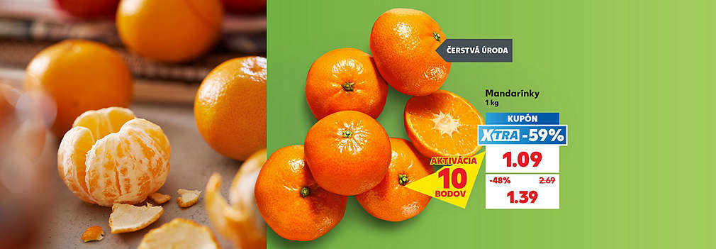 Vychutnajte si čerstvú úrodu plnú vitamínov! Sladké a šťavnaté Mandarínky (1 kg) na vás čakajú v Kauflande za super cenu. Aktivujte si KUPÓN za 10 bodov a s výhodnou XTRA zľavou -59 % za ne zaplatíte len 1,09 € (pôvodne 2,69 €). Akciová cena bez využitia kupónu je 1,39 €. Osviežte sa a ušetrite!
